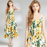 Suspension Dress 2024 Summer Vacation House Cotton Yellow Rose Print Big Swing Princess Fairy Mid-Long Dress 68HZ
