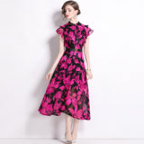 High-End Knee Dress Women's Summer 2024 Temperament Lotus Leaf Sleeve Fashion Waist Thin Print V-Neck Dress 68HZ