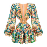 New High-End Women's Clothing Deep V Pile Sleeve Sexy Skirt Temperament Hollow Elegant Dress 68HZ