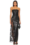 INS Solid Color PU Leather Fashion Temperament Body-Meared Lace Explosion Sexy Mid-Long Dress Dress Dress 68HZ
