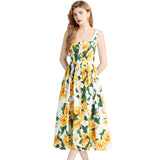 Suspension Dress 2024 Summer Vacation House Cotton Yellow Rose Print Big Swing Princess Fairy Mid-Long Dress 68HZ