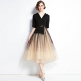 Black Dress Famous Temperament Thin Fake Two Suit Mesh Splicing Long Skirt 68HZ