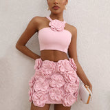 New Sexy Suit Top Hanging Neck Decoration Flower Skirt Temperament Women's High-End Short Dress Two Sets 68HZ
