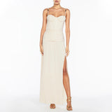 Famous Style Dress 2025 New Temperament Pure Color Folding Open Fork Design Sexy Long Dress 68HZ