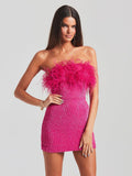 Women's Dress Sexy Bareback Ostrich Hairy Twisted Dress High-End Temperament Fashion Sleek Ass Skirt 68HZ