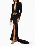 Exploding Black Long-Sleeved Hollow V-Neck Cross Dress Metal Fishtail Elegant Dress 68HZ
