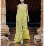 Naughty Fashion Show-Back Vintage Linen-Backed Lint-Slanted Shoulder-Hanging Neck Dress Dress Female Designer 68HZ