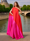 Elegance Elegant Dress 2025 Spring New Slant Shoulder Splicing Colliding Color Niche Personality Loose Body Dress Dress Woman 68HZ