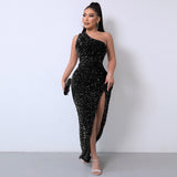 Direct Selling New Women's Clothing 2025 Spring Fashion Squin Single-Sleeve-Less Open-Fork Dress Solid Color 68HZ