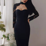 Sexy Hanging Neck Lace Dress Wish Burst Banquet Bandage Dress Autumn And Winter Long Sleeves 68HZ