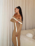 Female Elegant Sexy Shoulder-Collision Dress Knitted Long-Sleeved Shoulder Banded Evening Dress 68HZ