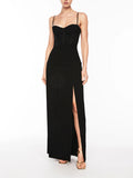 Famous Style Dress 2025 New Temperament Pure Color Folding Open Fork Design Sexy Long Dress 68HZ
