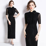 Heavy Industry Hot Diamond Net Yarn Designer Temperament Three-Dimensional Flower Standing Waist Thin Elegant Dress Dress 68HZ