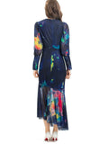 Sexy V-Neck Long-Sleeved Elegant Print Irregular Fishtail Dress Dress Women's Autumn New 2025 68HZ