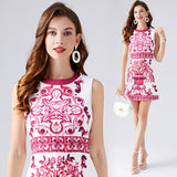 2024 Summer New Women's High-End Court Retro-Print Round-Neck Sleeveless Vest Short Dress 68HZ