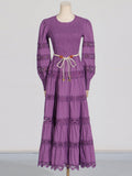 French Retro High-End Long Dress 2025 Spring New Hollow Tie Solid Color Waist Thin Dress Woman Trend 68HZ