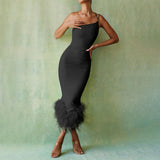 Women's Green French Sling Dress Women's Ostrich Hair Splicing Temperament High-End Thin Sling Skirt 68HZ