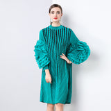 Ocean Gas Handmade Large Petal Striped Folded Dress Female Senior Sense Thin Long Folded Dress 68HZ