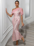 2024 Hot New Women's Dress Single-Shoulder Chiffon Splicing Squint Dress Party Dress 68HZ