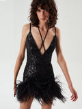 Women's Sexy V-Necked Dress High-End Temperament Cane Stitched Feathered Ass Skirt Dress Dress 68HZ
