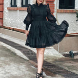 French Retro High-End Short Dress 2025 Summer New Fashion Collar Lantern Sleeve Mesh Waist Dress Dress Woman 68HZ