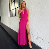 Spring 2024 Women's New Fashion High-End Temperament Hanging Neck Sexy Open-Puck With Solid Color Dress Women 68HZ