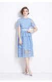 Vintage Court Style Temperament Short-Sleeved Round-Neck Waist Thin A-Word Hook Lace Dress Elegant Dress 68HZ