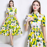 Short-Sleeved Print Dress 2025 Summer New Lapel Belt Repair Over Knee Skirt Yellow Dress 68HZ