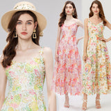 French Court Wind Shattered Flowers Hanging Dress Women's Summer Net Yarn Hollow Waist Design Chic Dress 68HZ