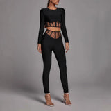 Black Long-Sleeved Round-Neck Two-Piece Set Mesh Yarn Hollow High-Waisted Trousers Burst Banding Dress Factory 68HZ