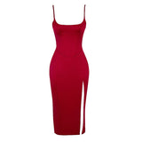 High-End Women's Pure-Color U-Neck Under The Fork Sling Skirt Fashion Sexy Dress 68HZ