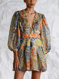 French Retro-Print Dress 2025 New Temperament V Tie Collar Collar Slimming Short Skirt Woman 68HZ