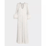 Small Group Liu Jialing With The Same Water Drill Ostrich Hair Decoration Long-Sleeved Holiday Chiffon Dress SP 68HZ