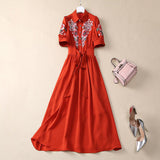 Heavy Industry Embroidered Flower Lily Collar Short Sleeve Tie Tight Waist High Dress Station Spring And Summer Woman 2025 68HZ