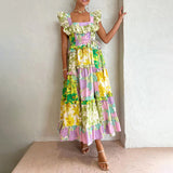 2025 New Fashion Lotus Leaf Side Sexy Word Collar Design Print Waist Slim Dress Dress Women Summer 68HZ