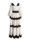French V-Neck Lantern Sleeve Dress 2025 New Niche Colliding Color Design Long-Term Waist Dress Women's Summer 68HZ