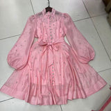 French Early Autumn Silk Taut Feeling High Collar Design Heavy Industry Nail Drill Long Sleeve Buckle Lantern Sleeve Dress Shows Temperament 68HZ