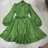 French Early Autumn Silk Taut Feeling High Collar Design Heavy Industry Nail Drill Long Sleeve Buckle Lantern Sleeve Dress Shows Temperament 68HZ
