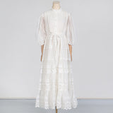 Temperament Literary Style Embroidery Design Solid Color Dress 2025 New Lantern Sleeve Strap To Collect Waist Long Dress Dress Woman 68HZ