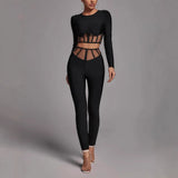 Black Long-Sleeved Round-Neck Two-Piece Set Mesh Yarn Hollow High-Waisted Trousers Burst Banding Dress Factory 68HZ