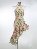 New Sexy Shoulder Hanging Neck Print Dress In The Long Dress Irregular Lotus Leaf Side Temperament Dress Dress 68HZ