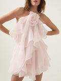Temperament Sexy High-End Short Dress 2025 Summer New Hanging Neck Three-Dimensional Flower Design Strapped Sleeveless Dress 68HZ
