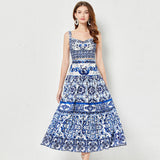 Summer Blue And White Porcelain Printing Spliced Three-Dimensional Breast Sling Sling Sling Belt + Half-Dress Two-Set Female (With Chest Cushions) 68HZ