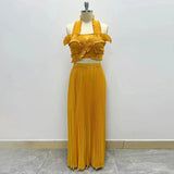 French Elegant Wind Two Sets 2025 New Chest Hanging Neck Loaf Side Top + High Waist Pressure Folded Skirt Dress 68HZ
