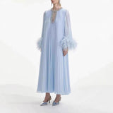 Small Group Liu Jialing With The Same Water Drill Ostrich Hair Decoration Long-Sleeved Holiday Chiffon Dress SP 68HZ