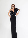 Women's Sexy Temperament Slant Shoulders Irregular Thin Open Fork Dress Elegant Banded Evening Dress 68HZ