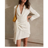 Designing A White V-Neck Banquet French Famous Style Dress Girded Long Sleeve Skirt 68HZ
