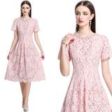 2025 Summer New Pink Diamond Pearl Collar Short-Sleeved Lace Dress Femininity Long Dress 68HZ