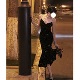 Famous People French Slings Inside And Outside Wearing A Dress Velvet Fishtail Temperament Black Cane Banquet Evening Dress Dress 68HZ