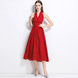 French Retro Sleeveless Dress Wave Point Small Bare Back V Collar Hanging Neck Tea Break Skirt Hong Kong Wind Girl Summer 2025 68HZ